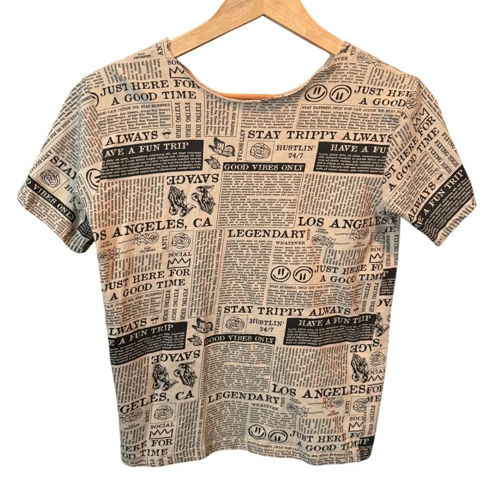 Eighty Eight Brand Boys Newspaper Print Graphic Tee Los Angeles Beige Black 14